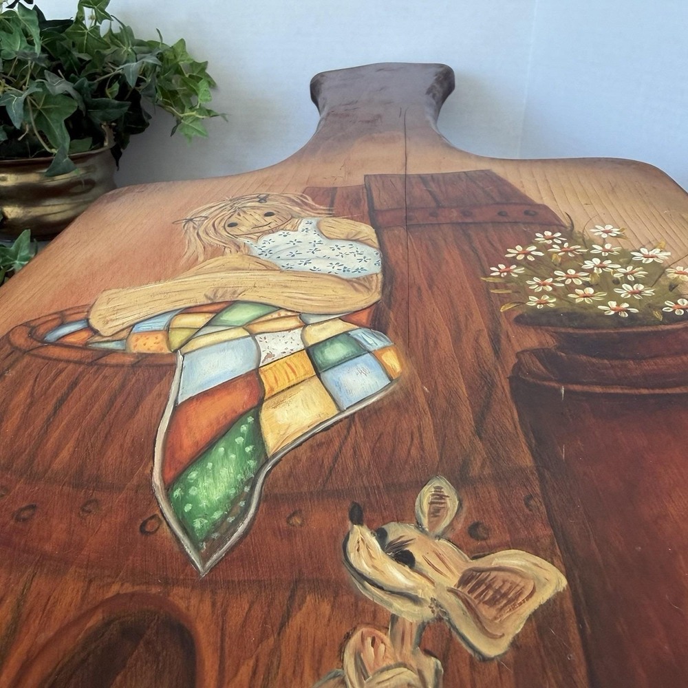 Hand-Painted Wood Large Cutting Board Folk Art Girl & Mouse Vintage 1971 - Picture 5 of 8